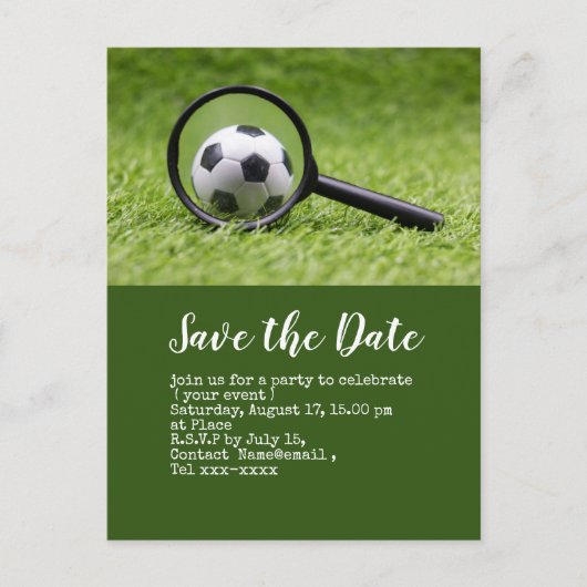 Fußball Save the Date mit dem Ball auf der grünen  Postkarte (Vorderseite)
