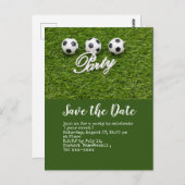 Fußball Save the Date mit dem Ball auf der grünen  Postkarte (Vorne/Hinten)