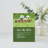 Fußball Save the Date mit dem Ball auf grüner HELL Postkarte (Stehend Vorderseite)