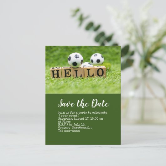 Fußball Save the Date mit dem Ball auf grüner HELL Postkarte (Stehend Vorderseite)