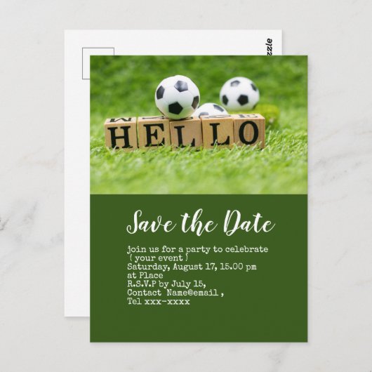 Fußball Save the Date mit dem Ball auf grüner HELL Postkarte (Vorne/Hinten)