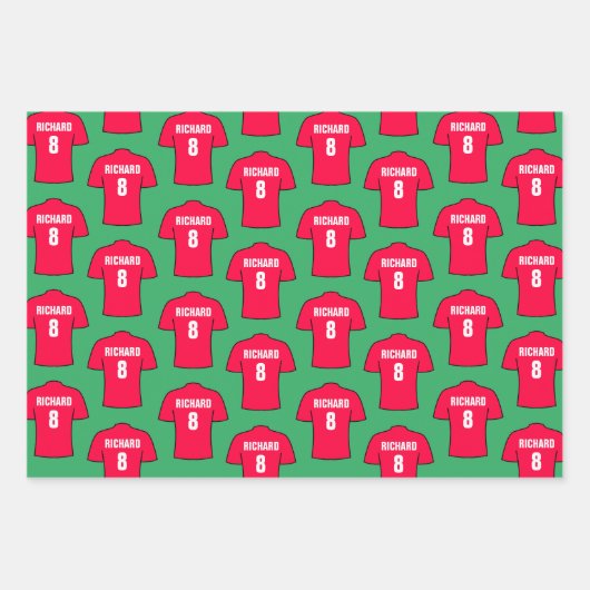 Fußball-Shirt in roten Umschlagpapier-Blättern Geschenkpapier Set (Vorderseite)