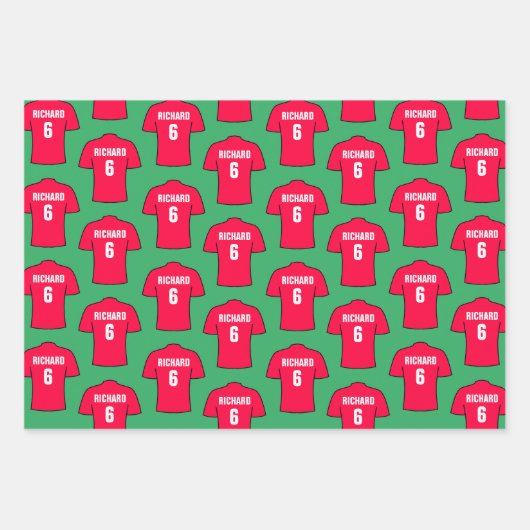 Fußball-Shirt in roten Umschlagpapier-Blättern Geschenkpapier Set (Vorderseite)