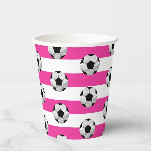 Fußball-Tasse aus rosa und weißem Streifen Pappbecher (Vorderseite)