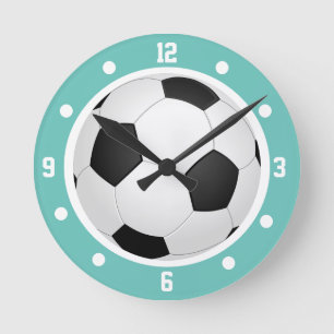 Fußball Teal Blau Schwarz und Weiß Runde Wanduhr