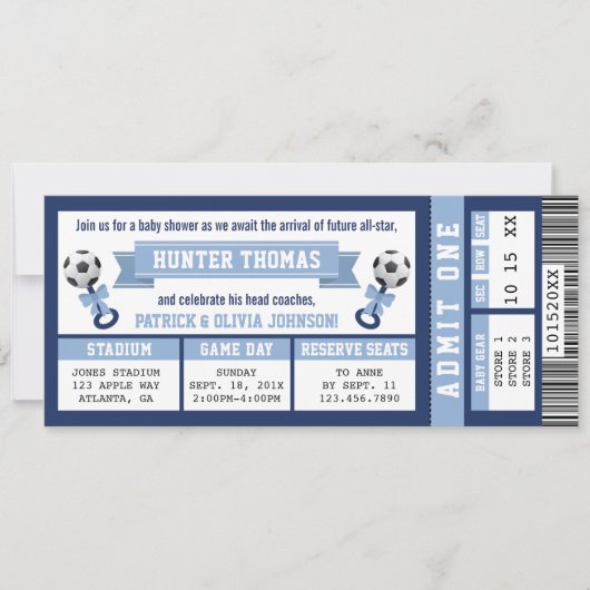 Fußball-Ticket Baby-Dusche Einladung, blau Einladung (Vorderseite)