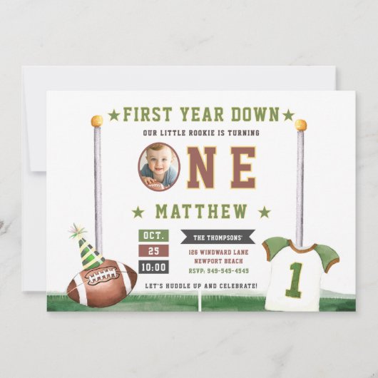 Fußball Touchdown Foto Niedlich Junge 1. Geburtsta Einladung (Vorderseite)