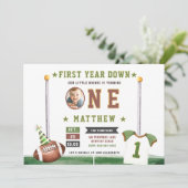Fußball Touchdown Foto Niedlich Junge 1. Geburtsta Einladung (Stehend Vorderseite)
