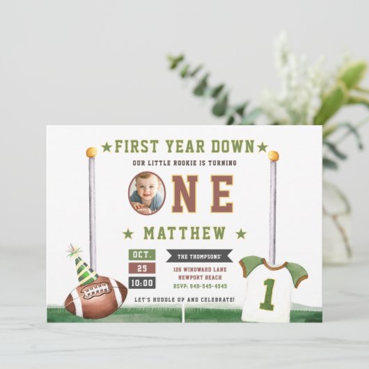 Fußball Touchdown Foto Niedlich Junge 1. Geburtsta Einladung (Stehend Vorderseite)