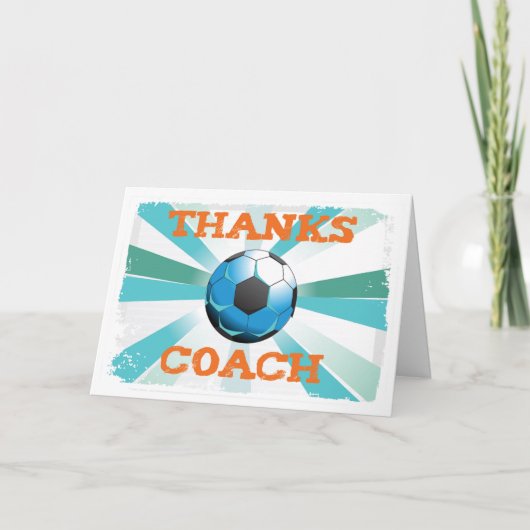 Fußball-Trainer Danke, Orange auf Aquamarinen, bla Dankeskarte (Vorderseite)