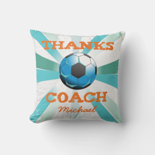 Fußball-Trainer Danke, Orange auf Aquamarinen, bla Kissen