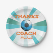 Fußball-Trainer Danke, Orange auf Aquamarinen, bla Pappteller (Vorderseite)