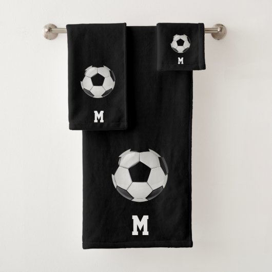 Fußball und Monogramm auf schwarz Badhandtuch Set (Insitu)