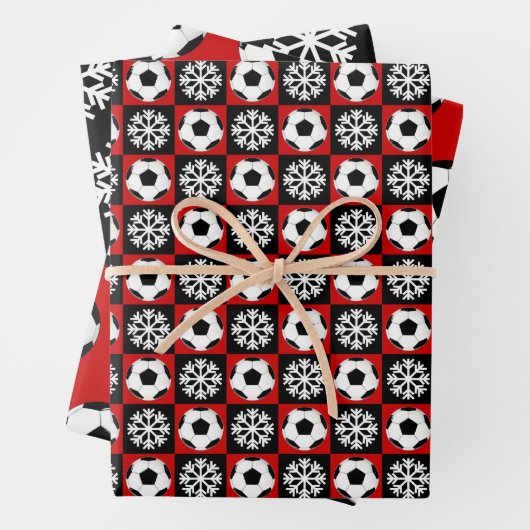 Fußball und Schneeflocke Rot und Schwarz Weihnacht Geschenkpapier Set (Beispiel)