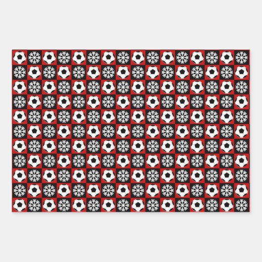 Fußball und Schneeflocke Rot und Schwarz Weihnacht Geschenkpapier Set (Vorderseite)