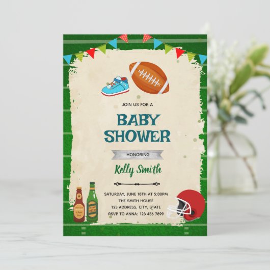 Fußball und winzige Zehen - Baby-Dusche Einladung (Stehend Vorderseite)