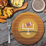 Fußball Upright Game Day Pappteller<br><div class="desc">Die amerikanischen Teller von Grill-Papier haben einen Fußball durch die Höhepunkte auf braunen bis goldenen Streifen. Sehen Sie sich Einladungen und mehr in unserem Shop an.</div>