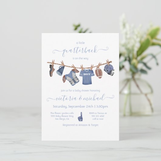 Fußball-Wäscheleine Kinderdusche Einladung (Stehend Vorderseite)