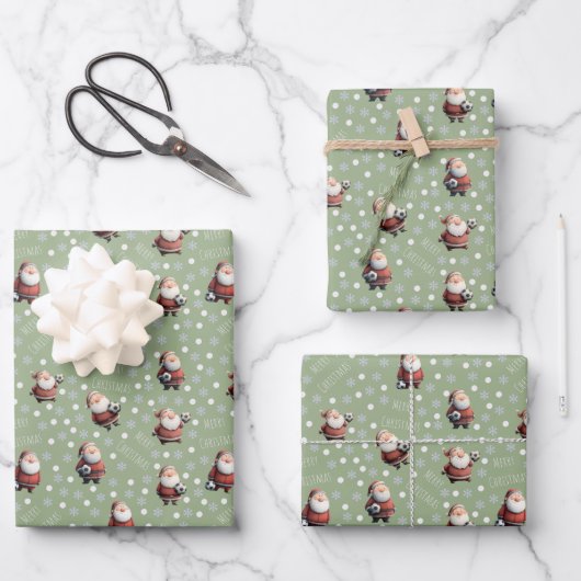 Fußball-Weihnachtsmann auf Salbeigrün Geschenkpapier Set (Vorderseite)