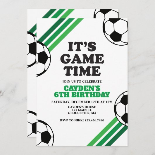 Fußball-Zeit Grüne Streifen Geburtstag Einladung (Vorne/Hinten)