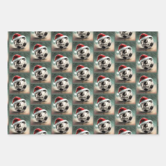 Fußballball mit roter Weihnachtsmannmütze Geschenkpapier Set (Vorderseite 3)