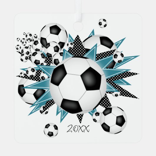 Fußballbällchen aquamarine Schwarze-Sterne-Girls Ornament Aus Metall (Rückseite)