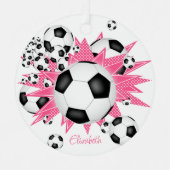 Fußbälle mit rosa weißen Sternen Mädchen halten Sa Ornament Aus Metall (Vorderseite)
