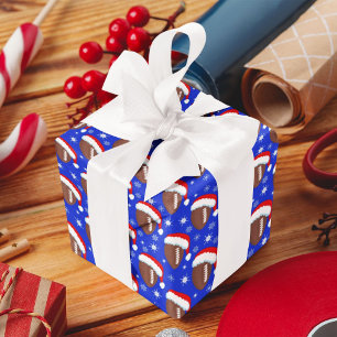 Fußbälle Santa Hut & Schneeflocken Blau Geschenkpapier