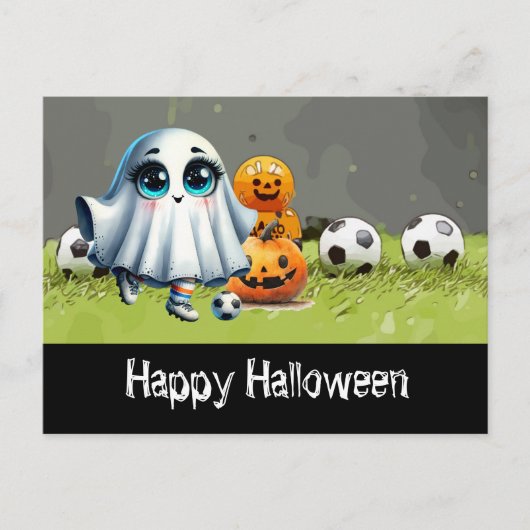 Fußballfröhliches Halloween mit Bälle auf grünem G Postkarte (Vorderseite)