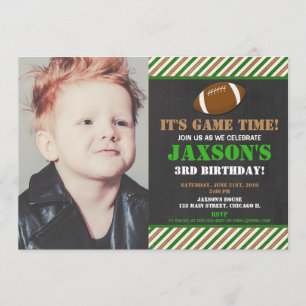 Fußballgeburtstags-Partygrünschwarz-Jungen-Foto Einladung