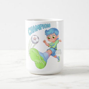 Fußballjunge tritt Ball Zukunft Fußballstar Kaffeetasse