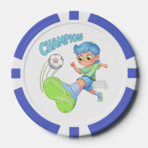 Fußballjunge tritt Ball Zukunft Fußballstar Pokerchips