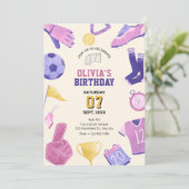 Fußballrosa lila Spiel Einladung (Stehend Vorderseite)