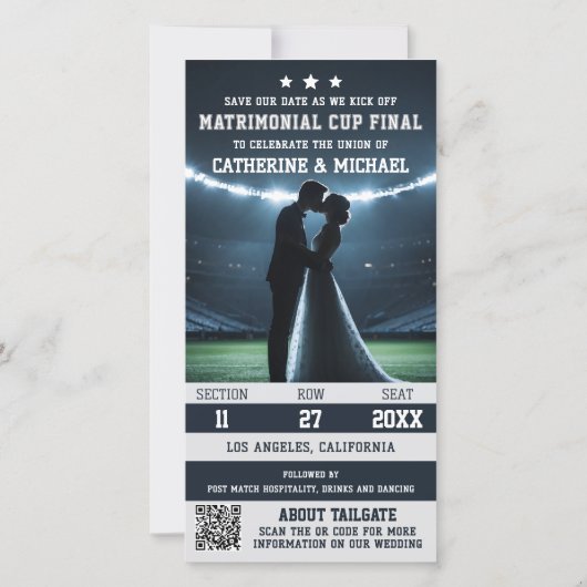 Fußballspiel-Ticket mit QR-Code Hochzeit Save The Date (Rückseite)