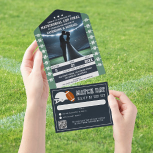 Fußballspiel-Ticket mit QR-Code RSVP Hochzeit All In One Einladung