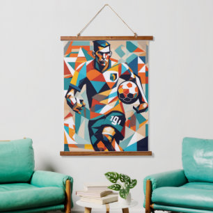 Fußballspieler Cubist Wandteppich Mit Holzrahmen