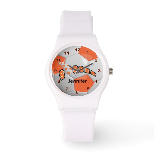Fußballspieler Sporty Orange Fußball Ball Armbanduhr (Vorderseite)