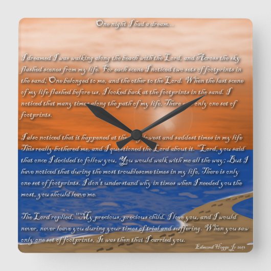 Fußspuren im Sandgedicht Quadratische Wanduhr (Vorderseite)