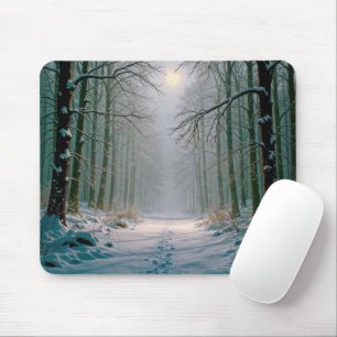Fußspuren in einem schneebedeckten Wald, beleuchte Mousepad