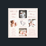 Fußspuren Mehrere Fotos Blush Birth Keepake Leinwanddruck<br><div class="desc">Mit diesem "Hello Little One"-4-Foto-Design, das den Namen Ihres Babys, die Geburtenstatistik, die Namen der Eltern und Geschwister enthält, erstellen Sie einen so einzigartigen Geburts-Sake wie Ihr wertvolles Kind. In der Mitte befinden sich zwei Vorlagenzeilen für Ihre persönliche Nachricht oder Sie können unsere verwenden. Diese Nachricht ist oben und unten...</div>