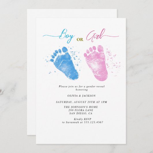 Fußspuren von Jungen oder Mädchen Gender Reveal Pa Einladung (Vorne/Hinten)