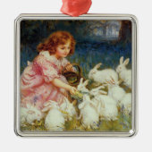 Fütternd Kaninchen Silbernes Ornament (Vorne)