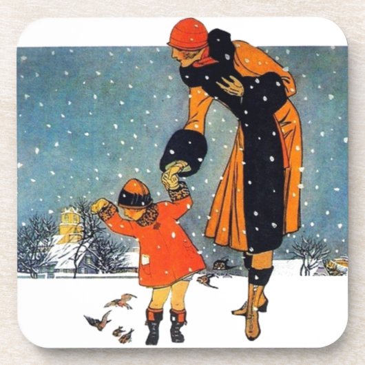 Fütternd Vögel im Schnee Getränkeuntersetzer (Vorderseite)