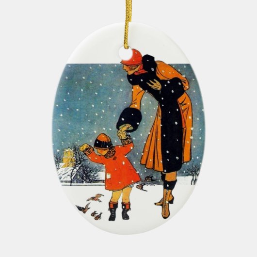 Fütternd Vögel im Schnee Keramikornament (Vorne)