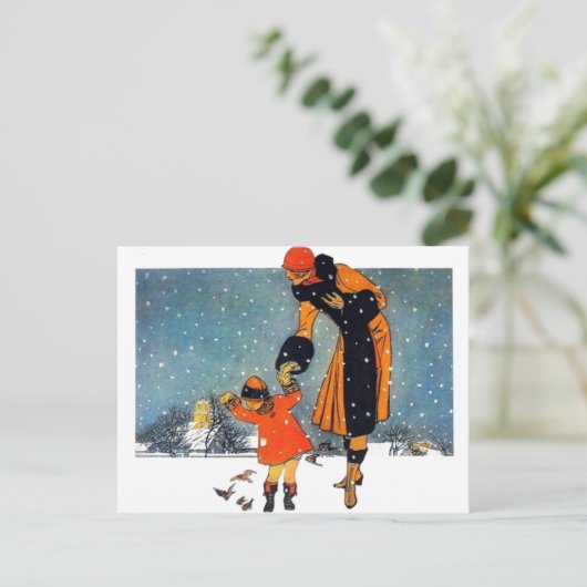 Fütternd Vögel im Schnee Postkarte (Stehend Vorderseite)