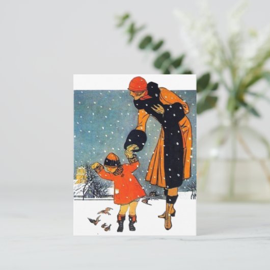 Fütternd Vögel im Schnee Postkarte (Stehend Vorderseite)