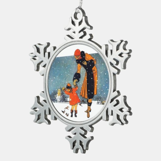 Fütternd Vögel im Schnee Schneeflocken Zinn-Ornament (Rechts)