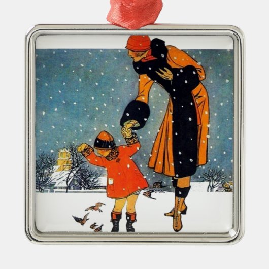 Fütternd Vögel im Schnee Silbernes Ornament (Vorne)