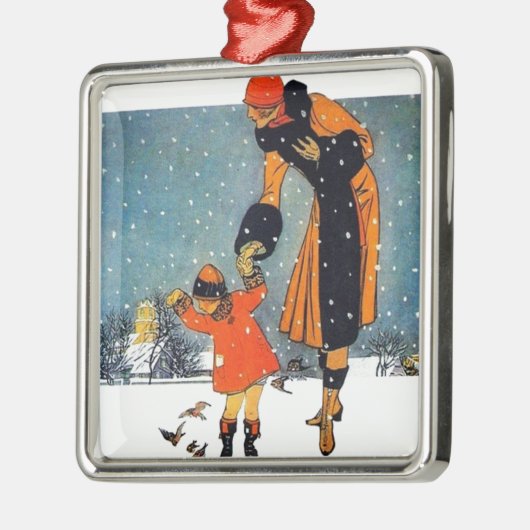 Fütternd Vögel im Schnee Silbernes Ornament (Links)