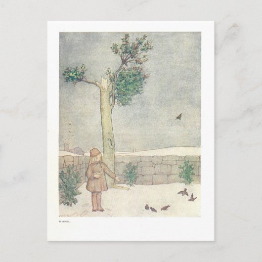 Füttre der Vögel im Januar Vintage Illustration Postkarte (Vorderseite)